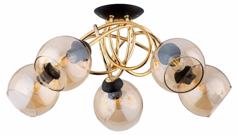 Lampada da soffitto MODENA oro-nero-ambra 5xE27x15W in metallo, dimensioni: 30x60x60 cm, IP20, Alfa