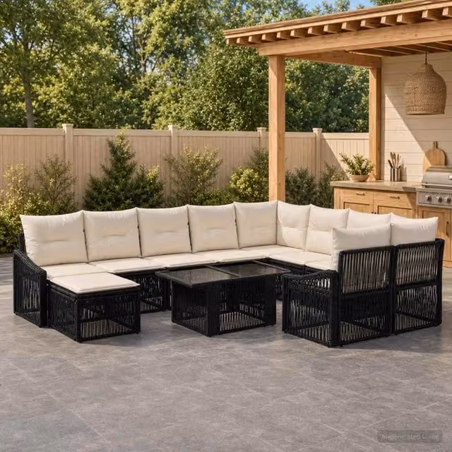 Set Divano da Giardino vidaXL in Polyrattan 11 Pezzi con Tavolino e Ottoman, Colore Nero e Bianco Crema, Design Moderno a Forma di U per Terrazza e Balcone
