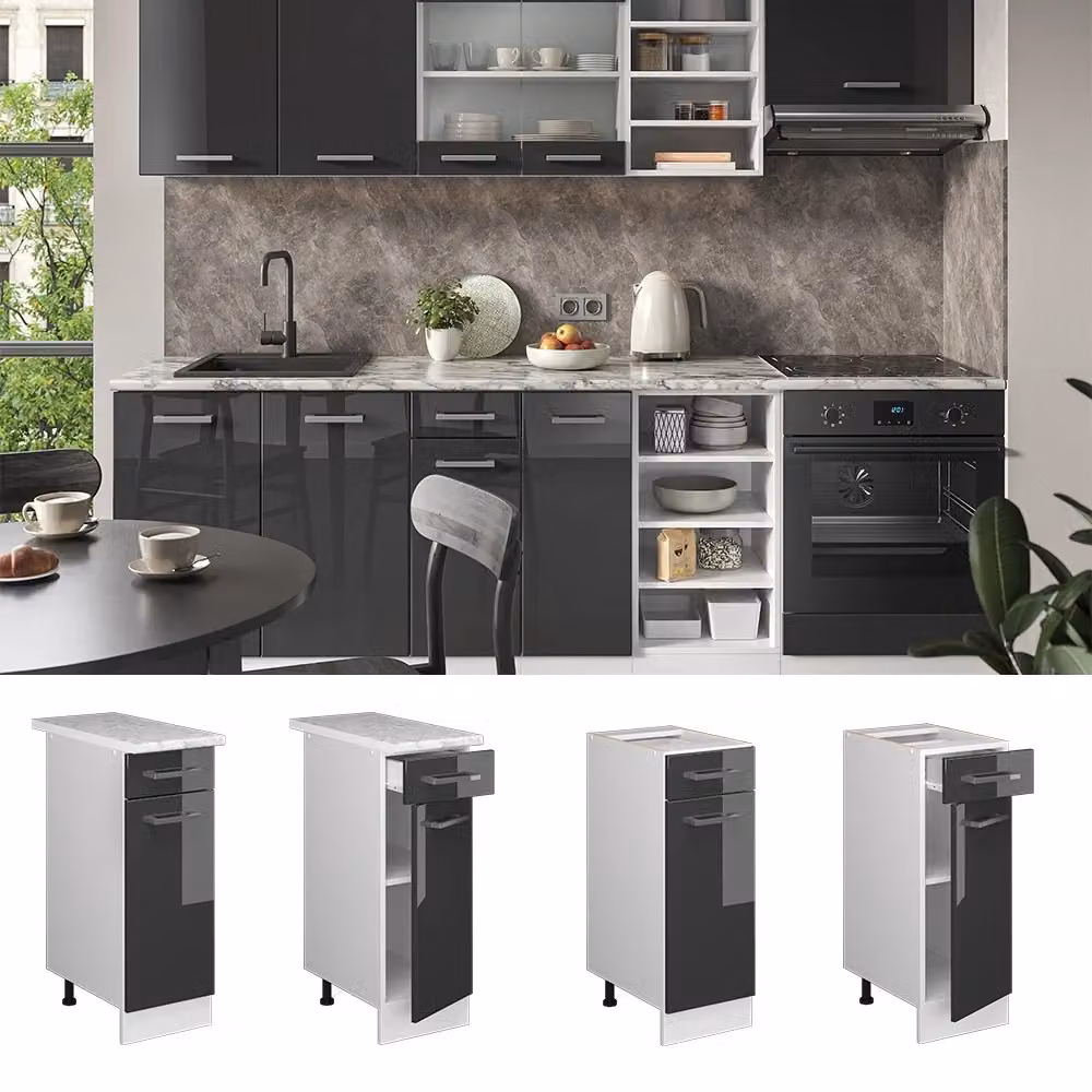 Mobiletto base per cucina Vicco R-Line Antracite e Bianco lucido con ante e cassetti L: 30 cm, H: 81,6 cm, P: 46 cm – 2