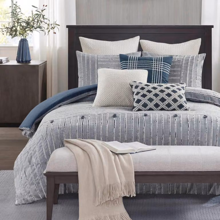 Set di lenzuola matrimoniali 8 pezzi, cotone jacquard, oversize, blu