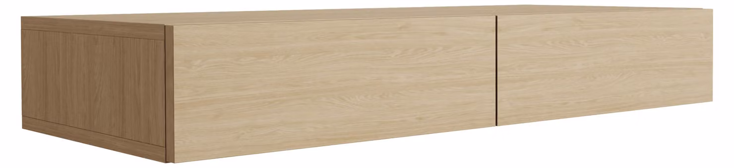 Comò sospeso con due cassetti, frontale liscio, in legno di quercia oliato, dimensioni 100 x 39,6 x 16 cm