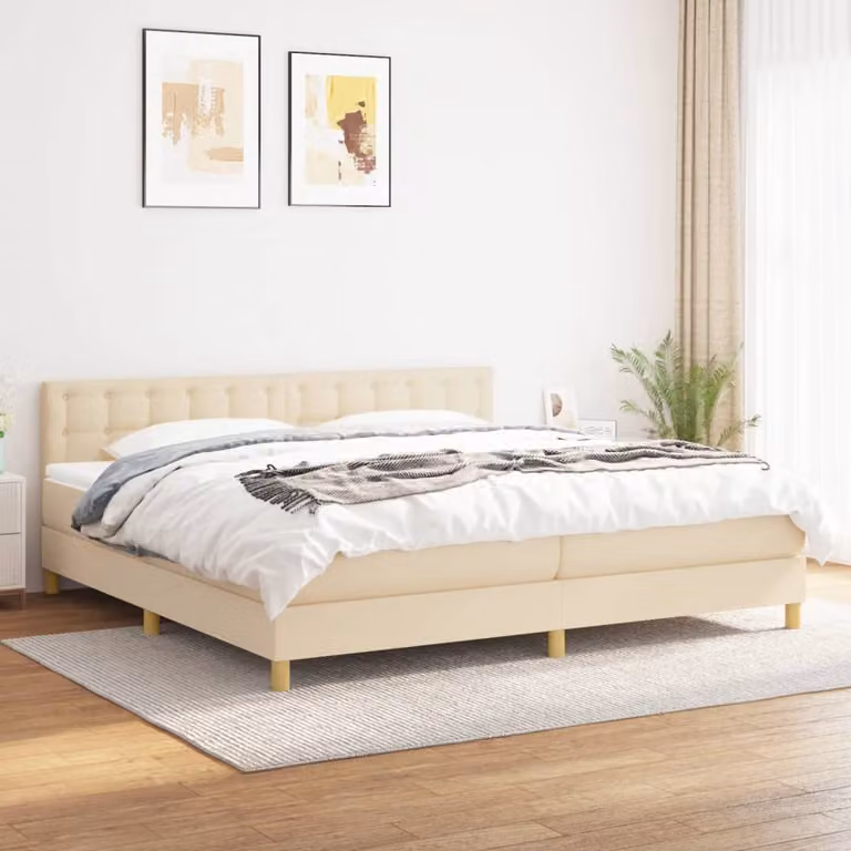 vidaXL Giroletto a Molle Ibrido con Materasso in Tessuto Beige e Bianco L/P: 200 x 200 cm