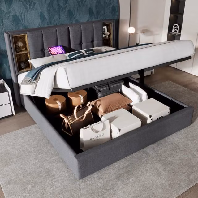 Letto matrimoniale con ricarica wireless USB C, struttura imbottita 180x200 cm con contenitore e doghe in legno, grigio, cotone (senza materasso)