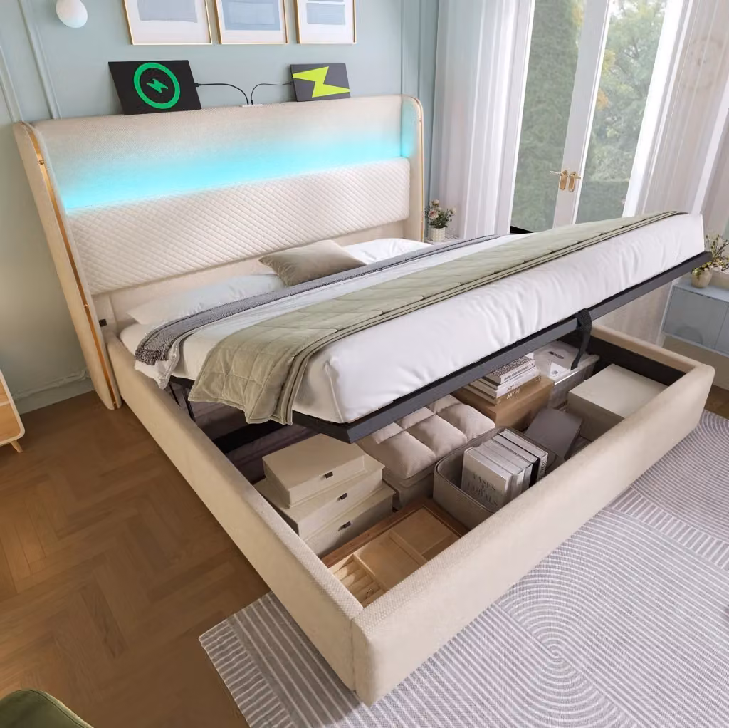 Letto matrimoniale MODFU beige in lino con contenitore idraulico, testiera alta, illuminazione LED e porte USB e Type-C, L/P: 160 x 200 cm – 2