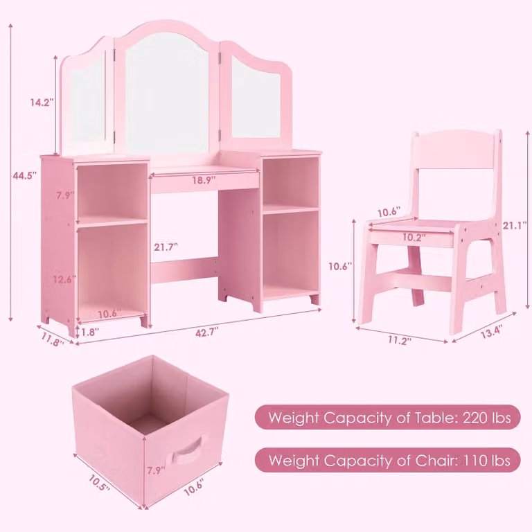 Tavolino da trucco per bambini - Tavolino da trucco a tema principessa con sedia - Specchio - 2 cassetti - Mobiletto contenitore - Legno - 113 x 30 x 108 cm - Rosa