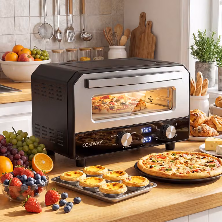Forno elettrico per pizza da interno Costway con pietra refrattaria, 6 modalità preimpostate e cottura rapida fino a 400°C, colore nero