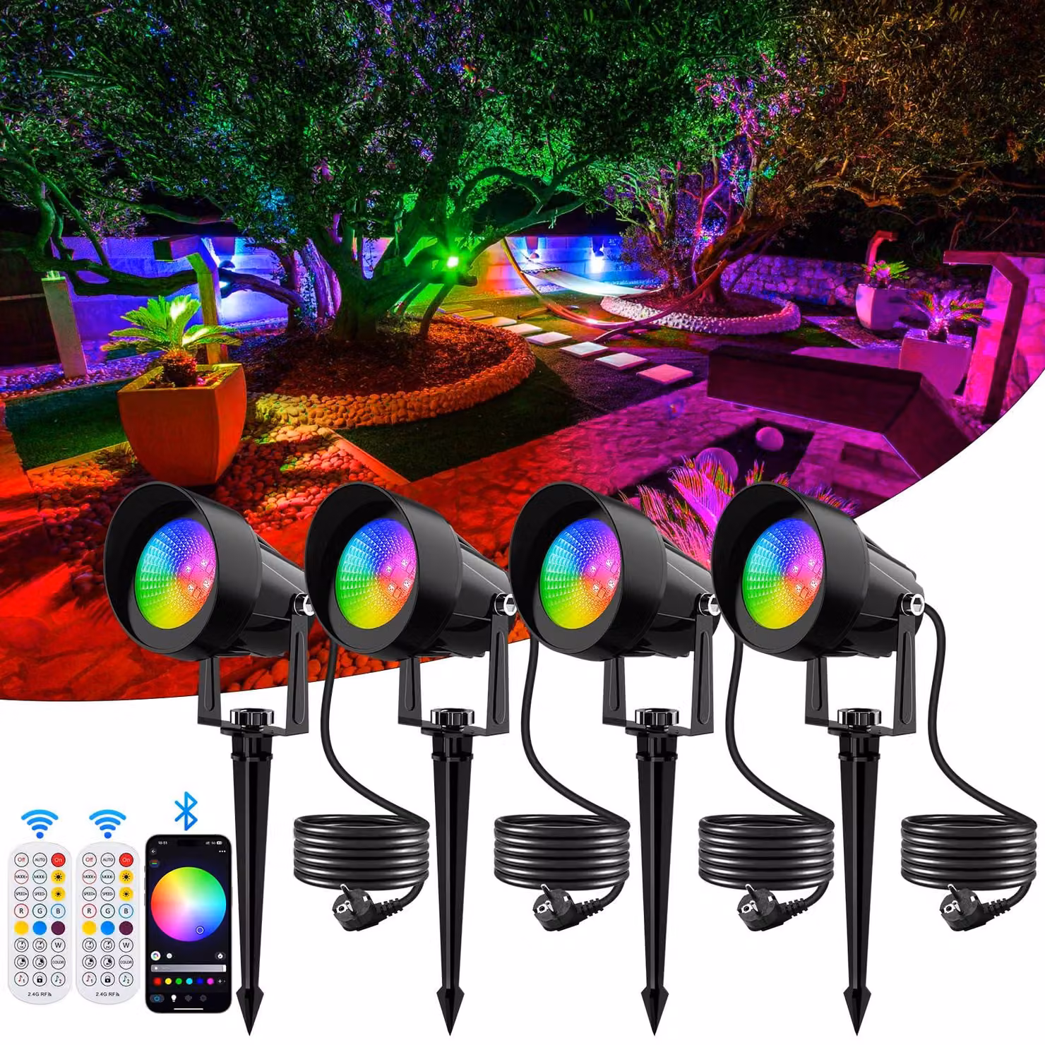 Set di 4 fari LED RGB per esterni, con Bluetooth, grado di protezione IP65 e angolo di illuminazione di 120°