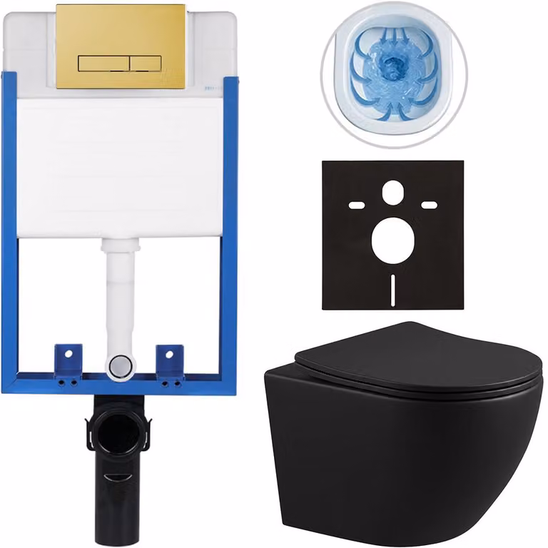 CERANO - Set completo per WC da incasso Lite/Verde - nero opaco - pulsante WC Slim, dorato - da incasso - 49x36 cm