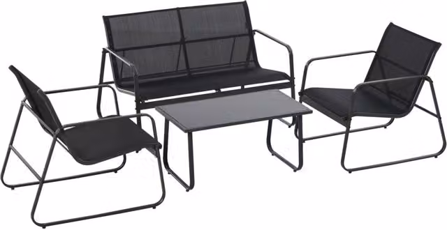 EasyComfort Set da Giardino Moderno con Tavolino Rettangolare in Vetro e Panchina con 2 Sedie in Metallo Nero