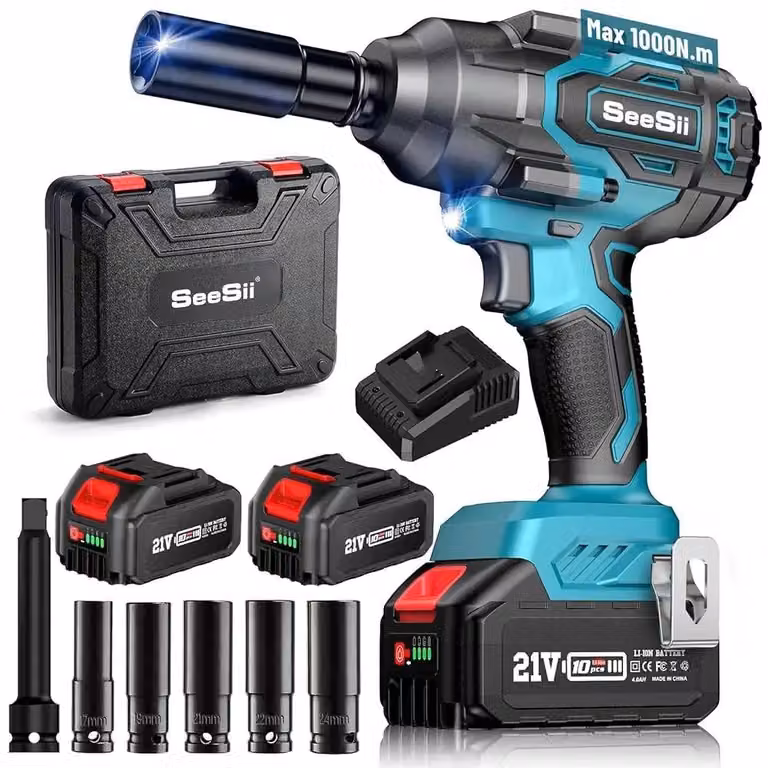 Set di avvitatori a percussione a batteria - Avvitatore a percussione 21V - Coppia di serraggio di 1000 Nm - Motore brushless - 2 batterie da 4,0 Ah - Luce LED - Ideale per il cambio pneumatici