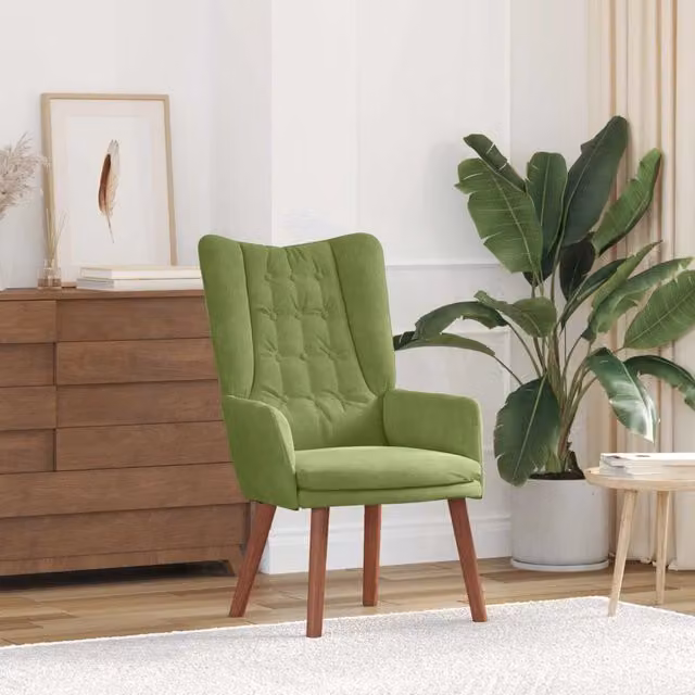 Poltrona Lounge in Velluto Verde Chiaro con Braccioli e Struttura in Legno di Gomma Design In L/P/H: 63 x 67 x 94 cm