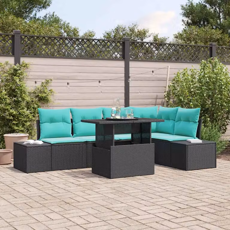 Set Divano da Giardino vidaXL 6 pz a Forma a L con Tavolino in Vetro e Cuscini Turchesi e Neri in Polyrattan e Acciaio