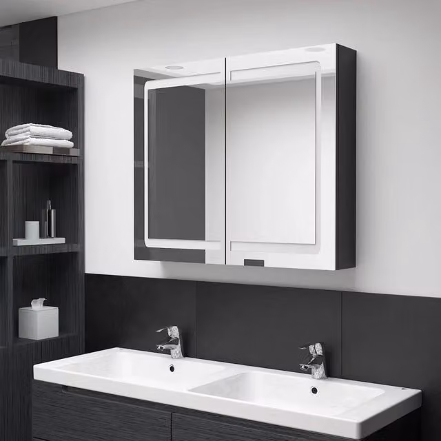Armadietto da bagno moderno vidaXL con specchio e illuminazione LED nero lucido L: 80 cm, P: 12 cm, H: 68 cm