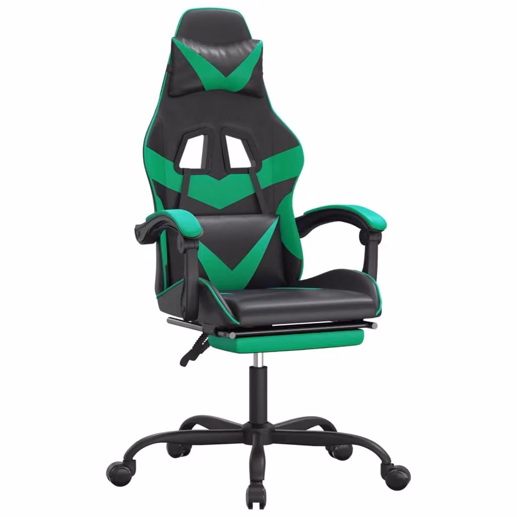 Sedia da Gaming con Poggiapiedi Nero e Verde in Pelle finta