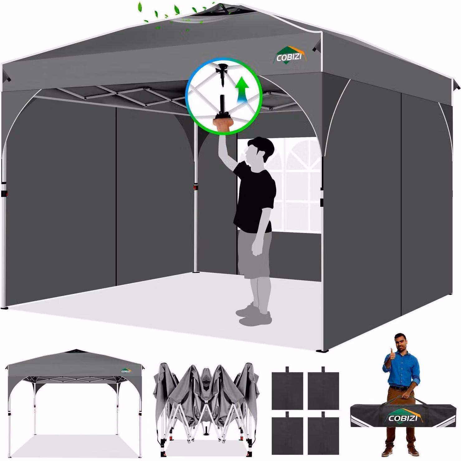 Tenda da giardino 3x3 metri, impermeabile, stabile, resistente alle intemperie invernali, con 3 pannelli laterali grigi, tenda pop-up per feste