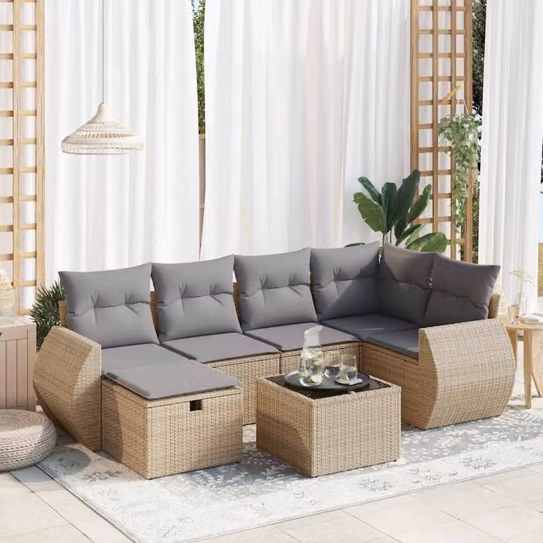 Set Divano da Giardino vidaXL 7 pz a L con Cuscini Beige e Polyrattan