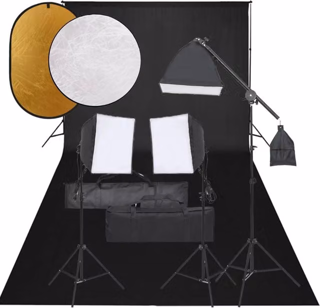 Kit per studio fotografico professionale con illuminazione LED cool white, fondale e riflettore nero, struttura regolabile in alluminio e metallo