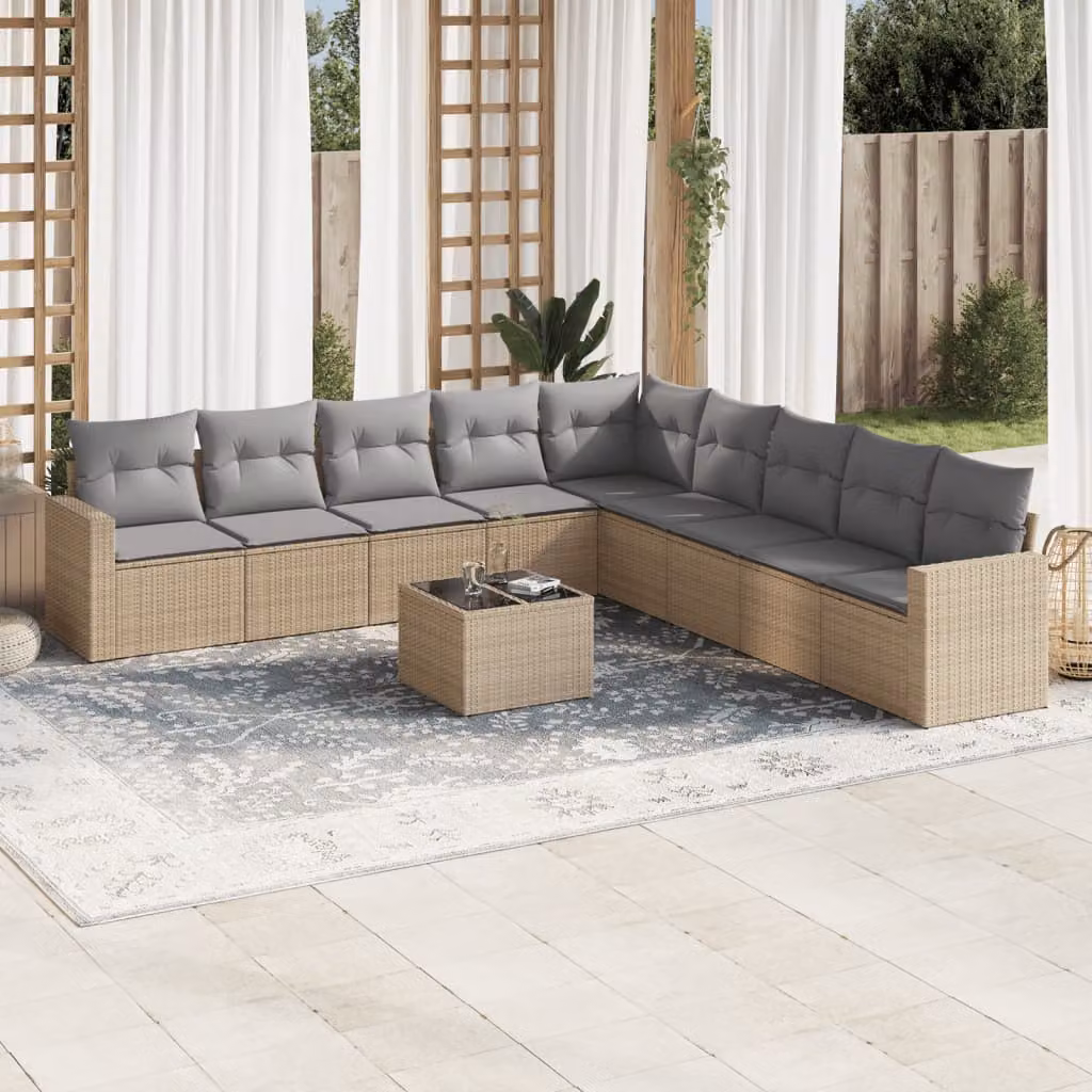 vidaXL Set Divano da Giardino 10 pz a L con Cuscini Beige in Polyrattan e Struttura in Metallo – 1