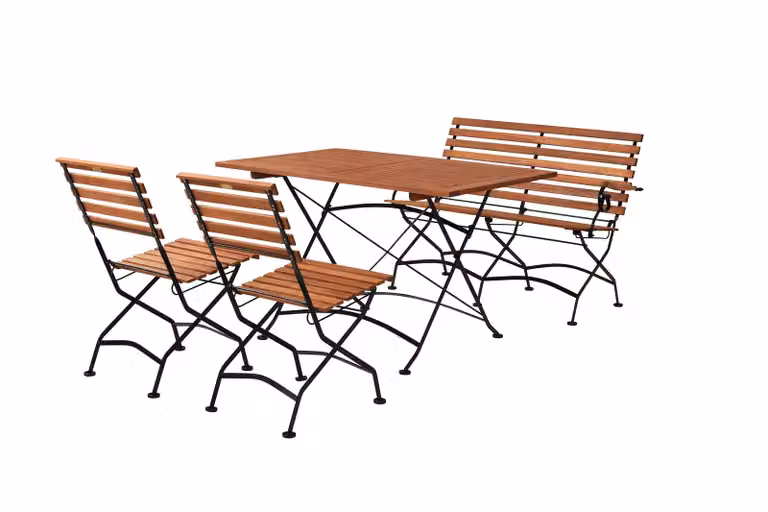 Set di mobili da giardino Merxx Schlossgarten, 2 sedie pieghevoli, panca pieghevole a 2 posti, tavolo pieghevole 120 x 80 cm - acciaio piatto con eucalipto