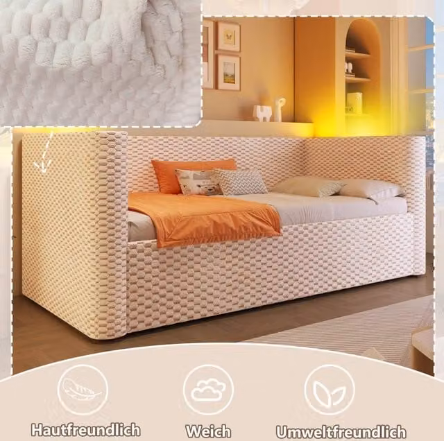 Tagesbett 90x200 cm con LED; contenitore idraulico; velluto beige