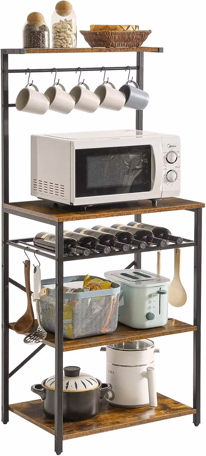 Scaffale per cucina, scaffale con 5 ripiani, scaffale per panetteria, scaffale autoportante, scaffale per microonde con portabottiglie regolabili e ganci a S, versatile e multifunzionale