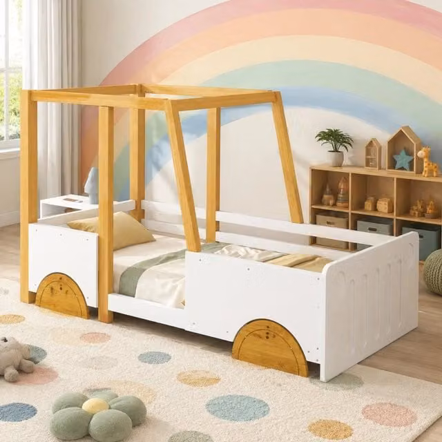 Letto per bambini a forma di auto 90 x 200 cm in legno massello e MDF; bianco
