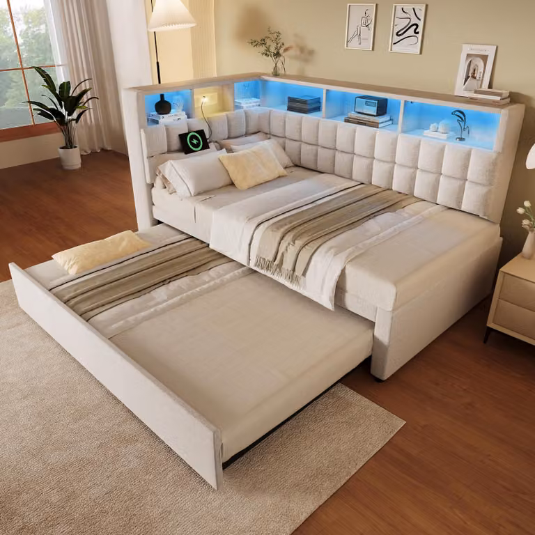 Divano letto Flieks 90x200cm con sottoletto 90x190cm, letto imbottito letto per ragazzi con Led e altoparlante Bluetooth, letto da giorno con Usb, lino, beige