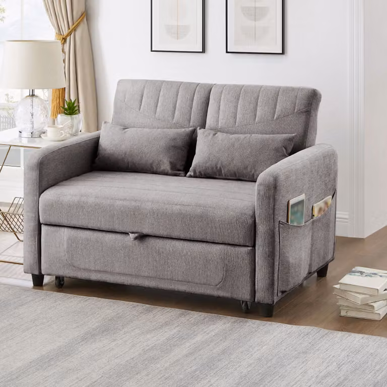 okwish Divano letto, Divano con funzione letto, Divano matrimoniale pieghevole, schienale regolabile in tre direzioni, tessuto in cotone e lino traspirante, Grigio