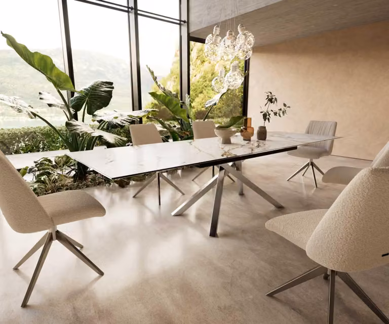 Tavolo da pranzo DELIFE Edge 200-300x100 Vetroceramica Calacatta Luxe Bianco-oro-grigio Base a croce Rettangolare Acciaio inossidabile Allungabile