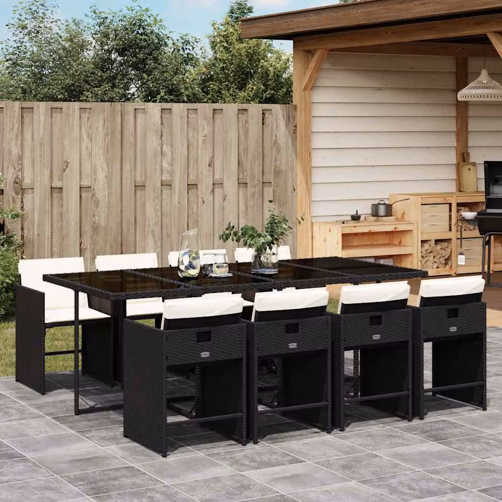 vidaXL Set da Pranzo da Giardino 9 pz in Polyrattan Nero con Piano in Vetro e Cuscini – 1