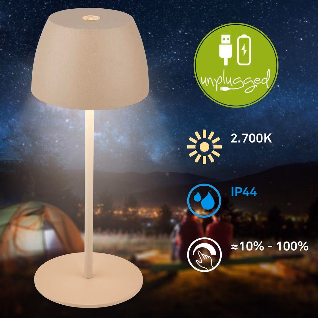 Briloner Serina Mini LED lampada da tavolo a batteria IP44, dimmerabile, touch, beige