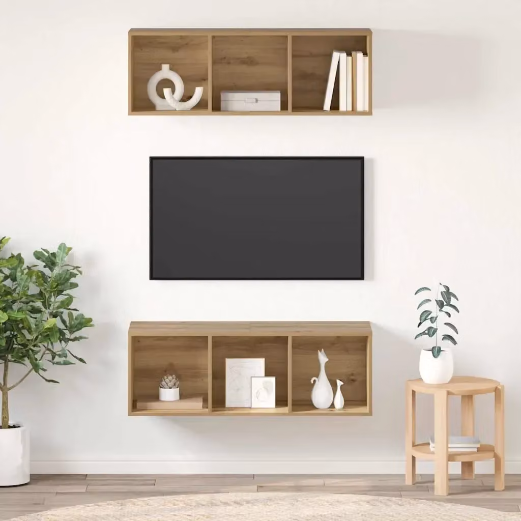 Set di 2 mobili porta TV Design In in rovere color beige e marrone, stile minimalista, da appendere a parete, L/P/H: 37 x 37 x 107 cm – 2