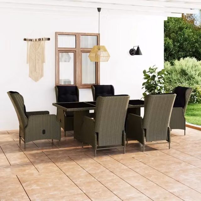 Set da pranzo da giardino vidaXL in polyrattan marrone e nero con tavolo in vetro e 7 pezzi