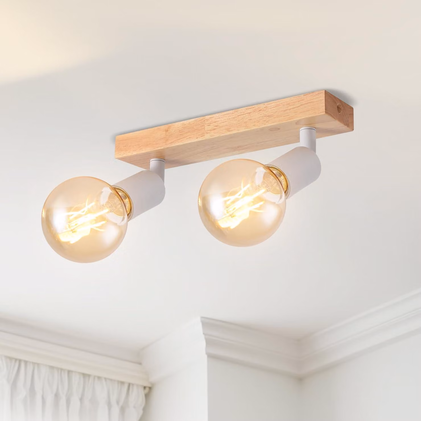 LVWIT Plafoniera LED a 2 luci, moderna lampada da soffitto orientabile, plafoniera con faretti in legno bianco, lampada da soffitto E27 con faretti per cucina, camera da letto, soggiorno (senza lampadine)