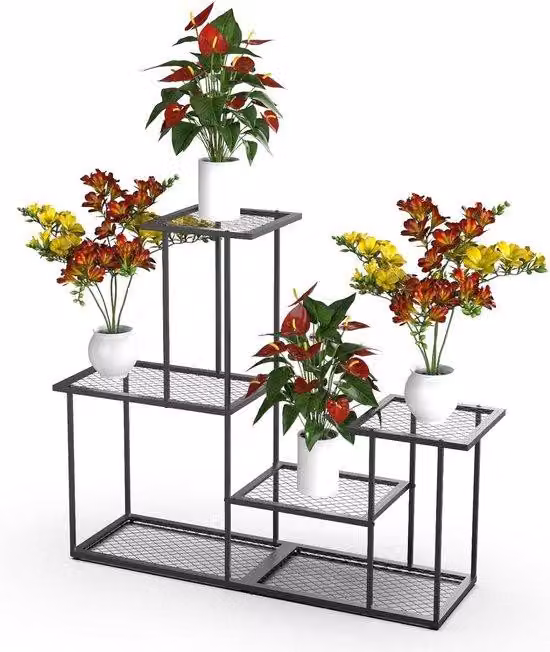 Portavasi in metallo nero per interni ed esterni - 4 ripiani - portavasi - terrazzo e giardino - metallo nero