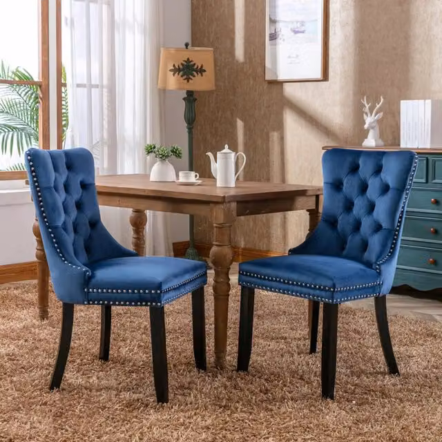 Nikki Collection - Set di 2 sedie da pranzo moderne e di alta gamma in legno massello trapuntato con rivestimento in velluto e gambe in legno con borc