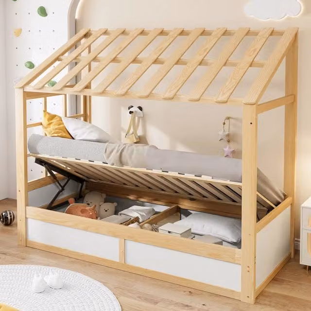 Letto per bambini a casetta 90 × 200 cm con tetto, finestre, contenitore idraulico e vani laterali, senza materasso, bianco
