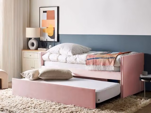 Letto estraibile singolo Beliani in velluto rosa con doghe in legno e stile glamour L/P/H: 200 x 90 x 84 cm – 1