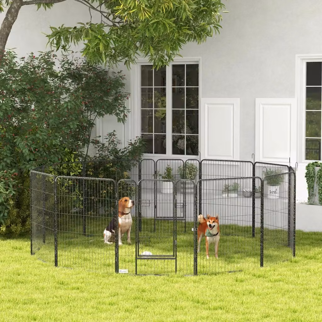 Recinto per cani modulabile Giordanoshop in acciaio con 12 pannelli e porta, colore grigio e nero – 2