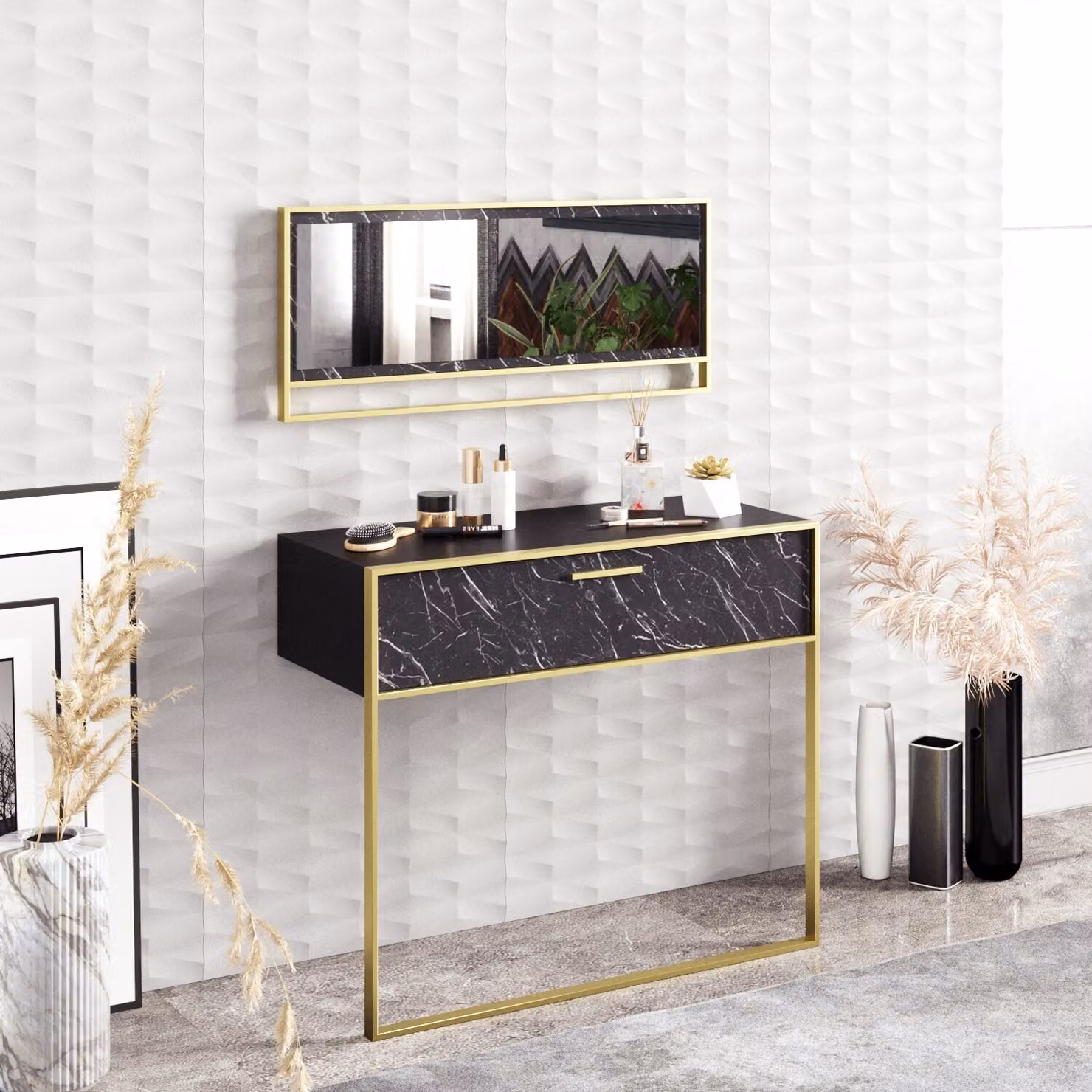 Skye Decor, Polka- Polka Aynalı ZNA, oro, nero, cassettiere, 76,8x90x38,5 cm, pannello truciolare rivestito al 100% in melamina