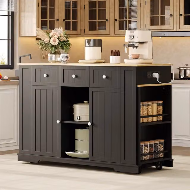 Carrello da cucina con tavolo estraibile, 2 ante e 2 cassetti, prese USB, in MDF nero naturale, 138(213) × 55 × 93 cm