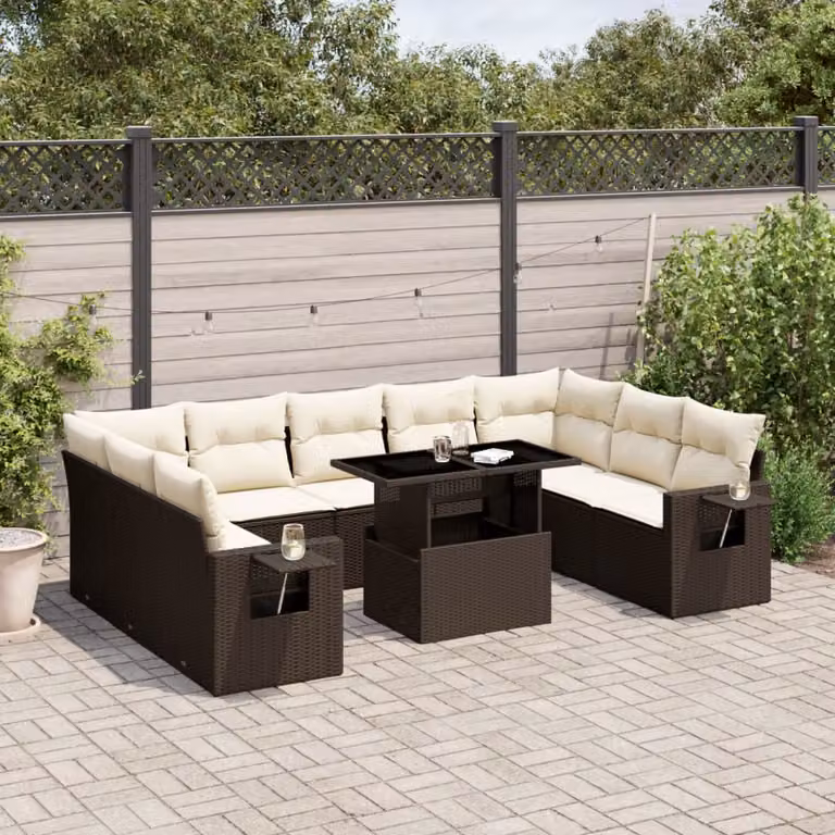 vidaXL Set Divani da Giardino 10 Pezzi in Polyrattan Marrone con Cuscini e Tavolino