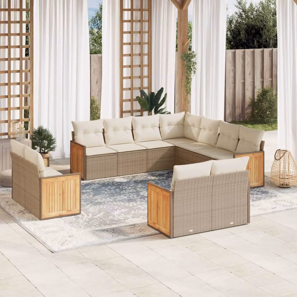 vidaXL Set Divani da Giardino 11 pz a Forma a L con Cuscini Beige e Struttura in Metallo e Legno di Acacia – 1