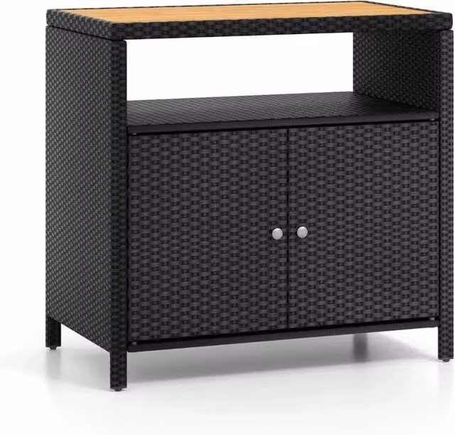 Mobiletto portaoggetti set da 1 90 x 53 x 86 cm design pratico 2 ante per giardino in rattan PE nero e legno di acacia naturale 20_0020033