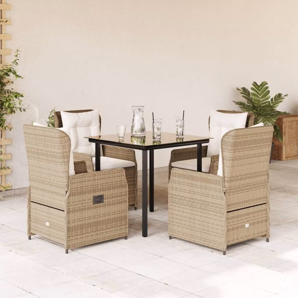 Set da Pranzo da Giardino vidaXL in Polyrattan con Cuscini Beige e Tavolo in Vetro per 5 Persone