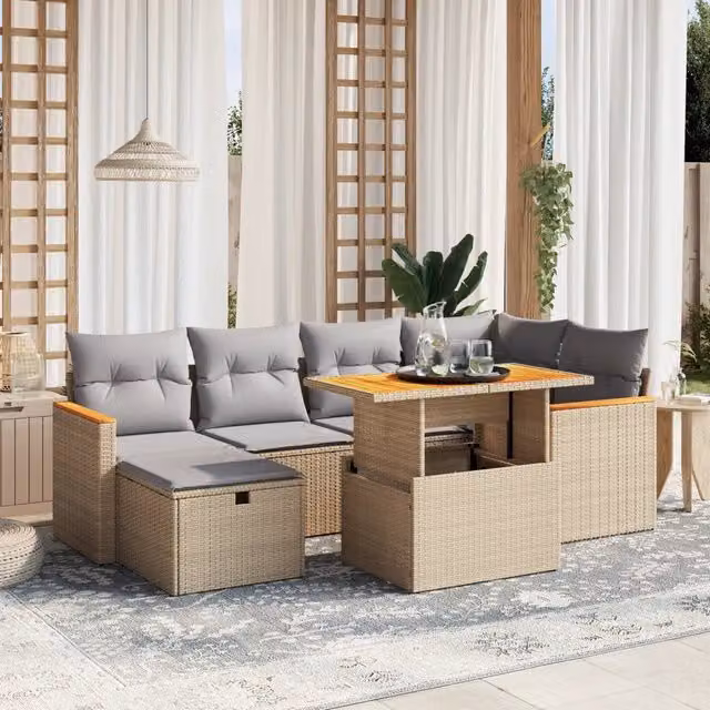 Set da giardino moderno vidaXL composto da 7 pezzi in polyrattan con cuscini beige e grigi e tavolino da esterno – 1
