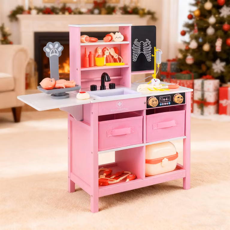 Set gioco medico in legno Costway con tavolo pieghevole e accessori rosa