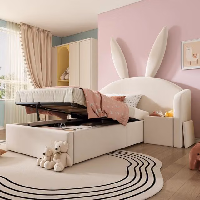 Letto per bambini 90x190 cm, letto idraulico con contenitore, testiera imbottita, forma a orecchie di coniglio, tessuto in velluto, beige