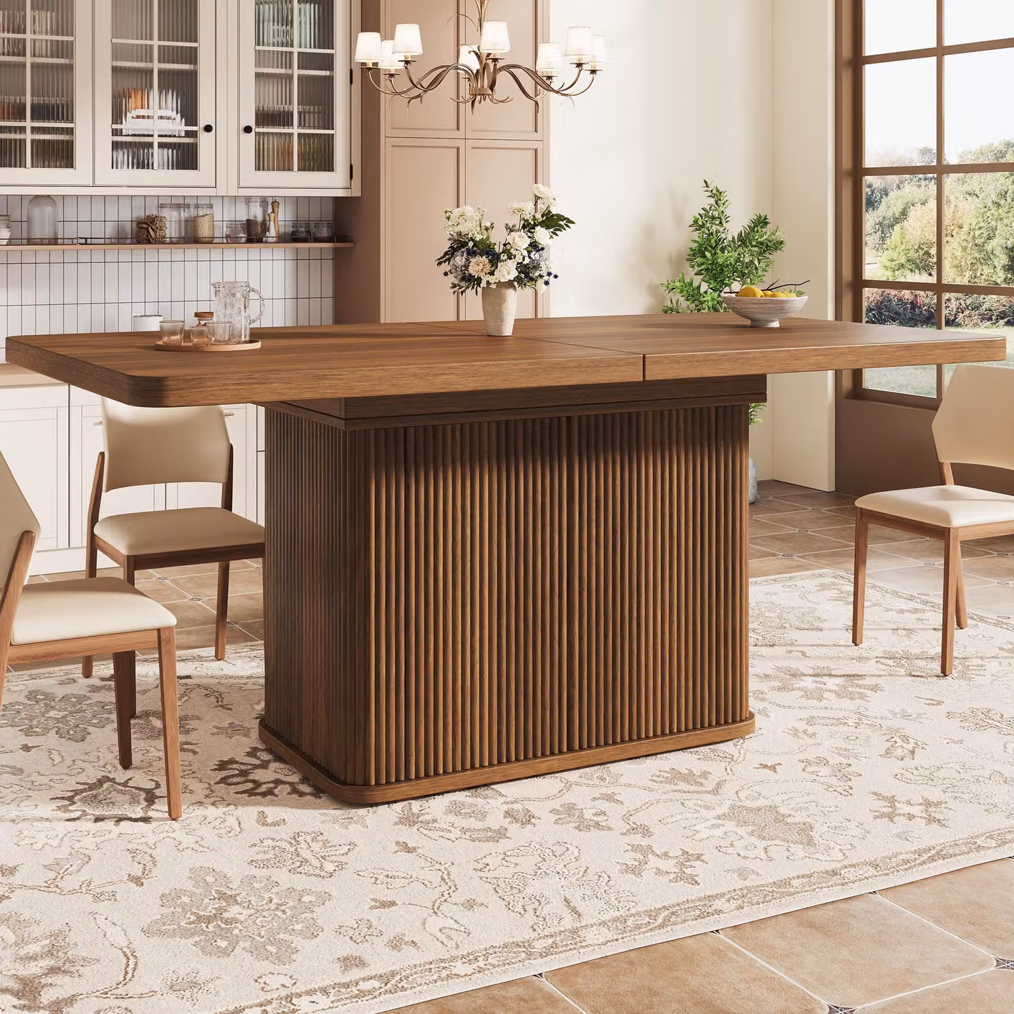 Tavolo allungabile con vano contenitore nascosto e piano ribaltabile, tavolo da cucina con decorazioni a rilievo verticali, tavolo da pranzo 140-180 cm, color marrone scuro