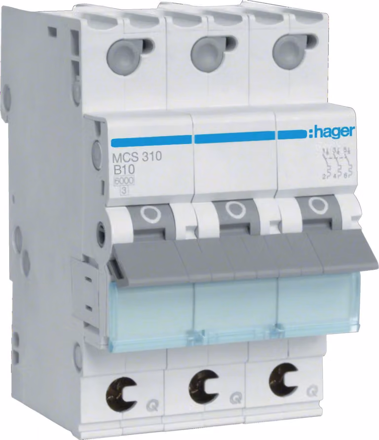 Interruttore LS Hager a 3 poli 6 kA caratteristica C 10 A 3 moduli Hager MCS310, 1 pz.
